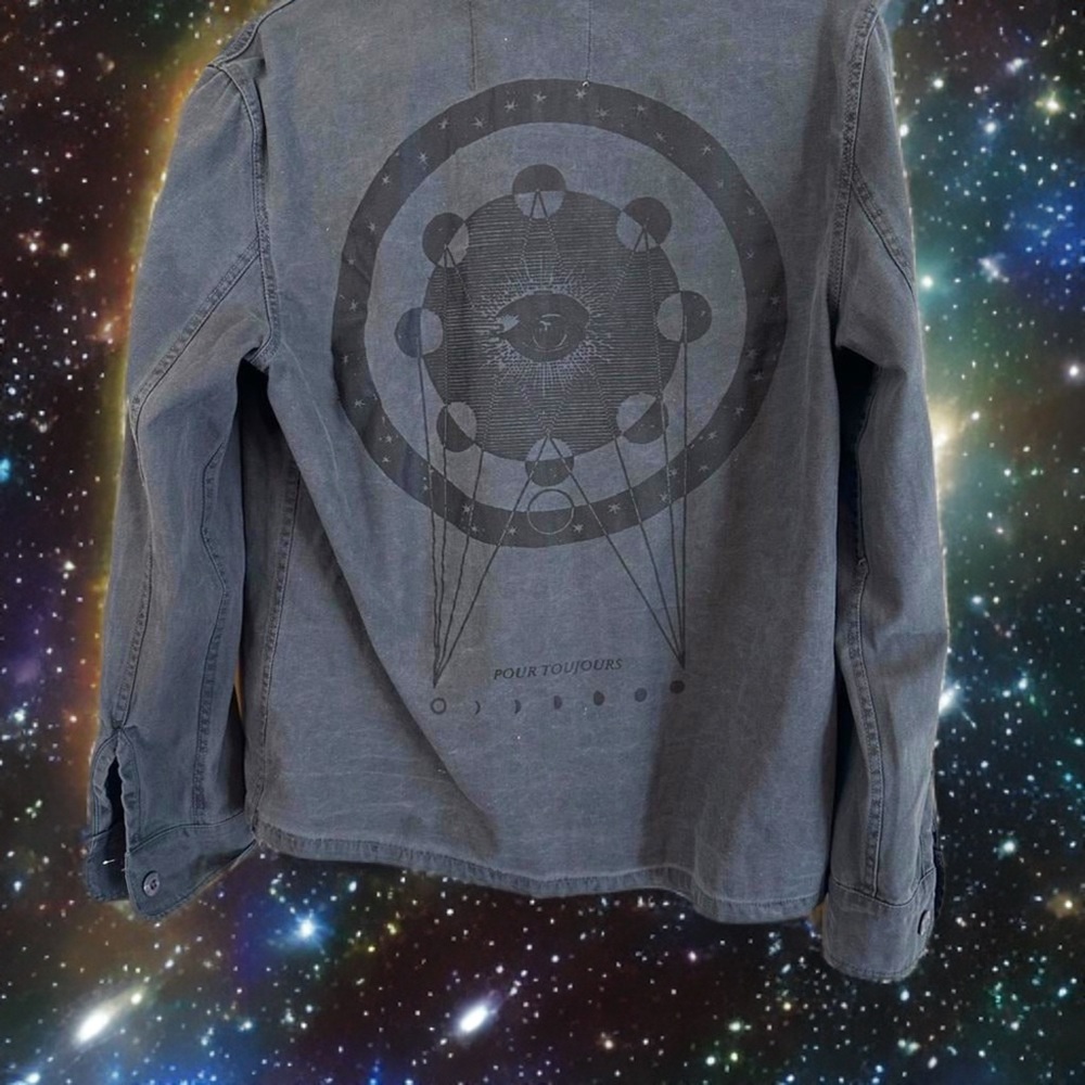 Knot Sisters Gray Graphic Denim Jacket with patches